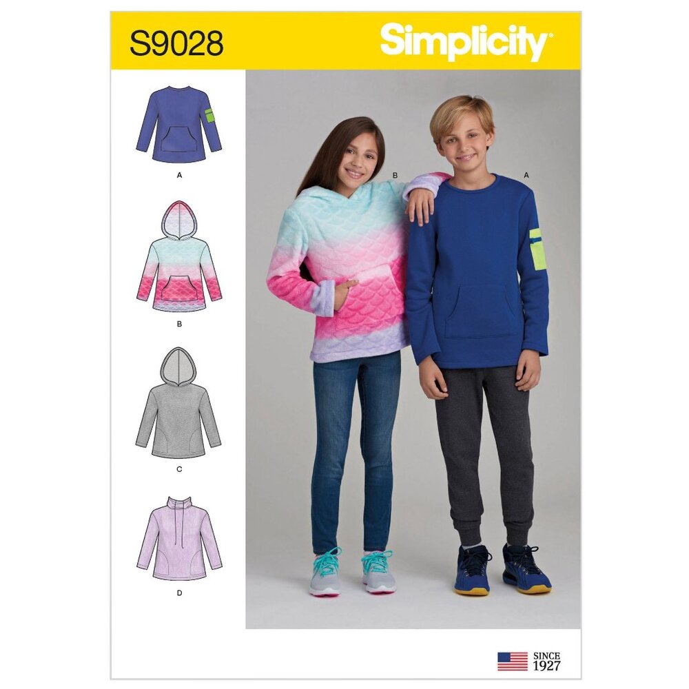 Simplicity S9028 R10714 Sewing Pattern Knit Tops Child Sizes 8-16 Hoodie Pocket‎
